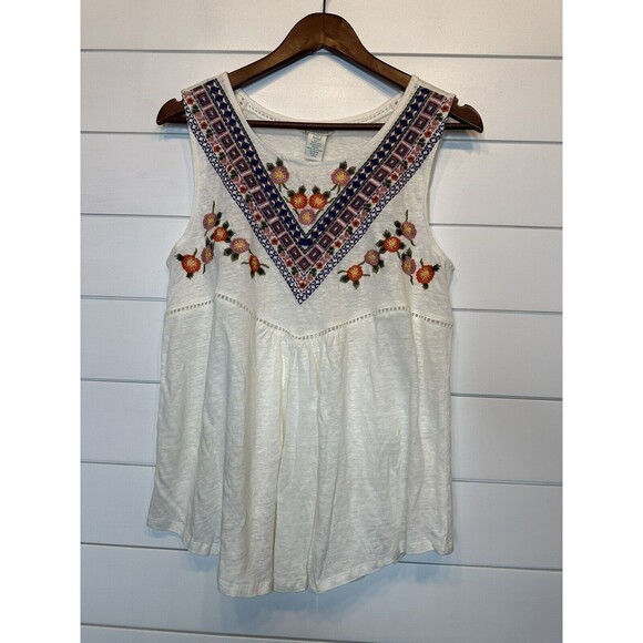 Sundance Medium Top LINEN Sleeveless Embroidered Floral Boho Idlewood Off White - Picture 9 of 9